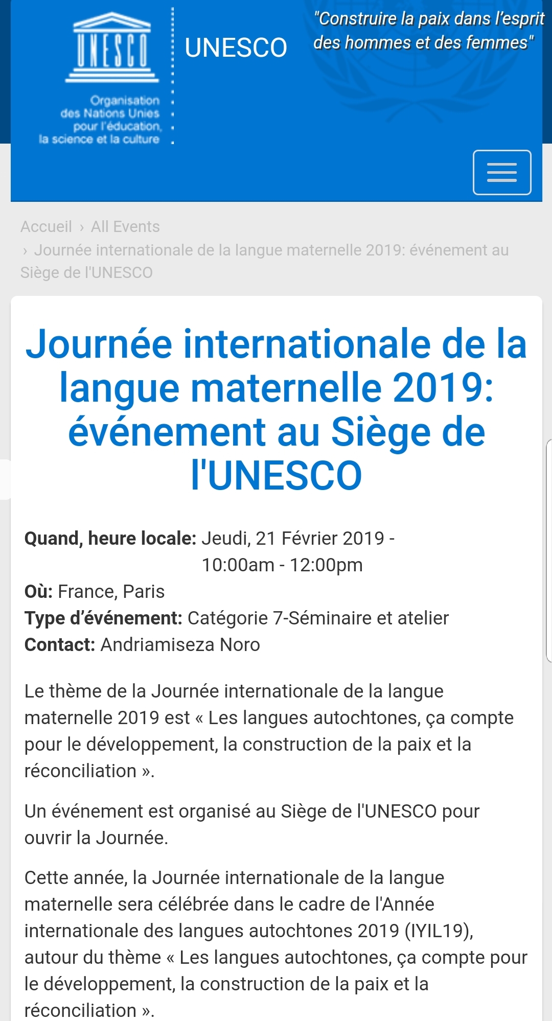 Journée internationale de la langue maternelle 2019: Jeudi, 21 Février 2019 -10:00am – 12:00pm au l’UNESCO.